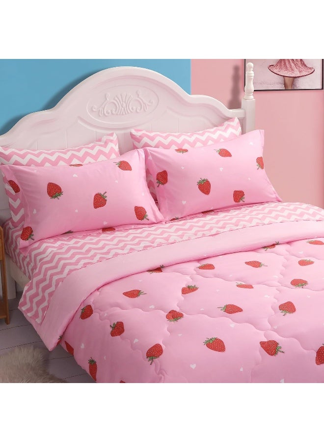 Gusuhome Strawberry Comforter Bedding Set Full Size for Girls 7 Piece Pink Kawaii Comforter Set Bed in A Bag for Kids Teens All Season (1 Comforter,1 Flat Sheet,1 Fitted Sheet and 4 Pillow Sham) - Image 1